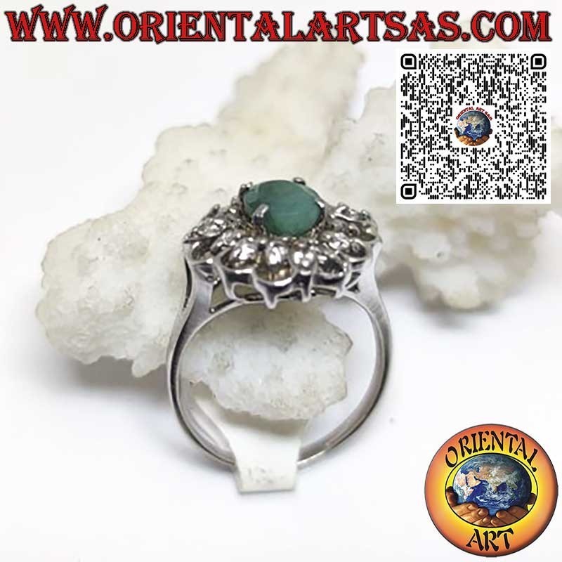 Sterling Silver 925 Natural Oval Emerald Zirconia Halo Ring