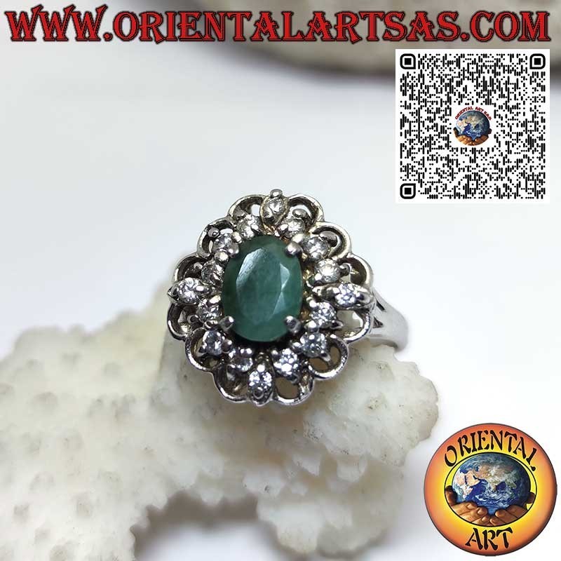 Sterling Silver 925 Natural Oval Emerald Zirconia Halo Ring