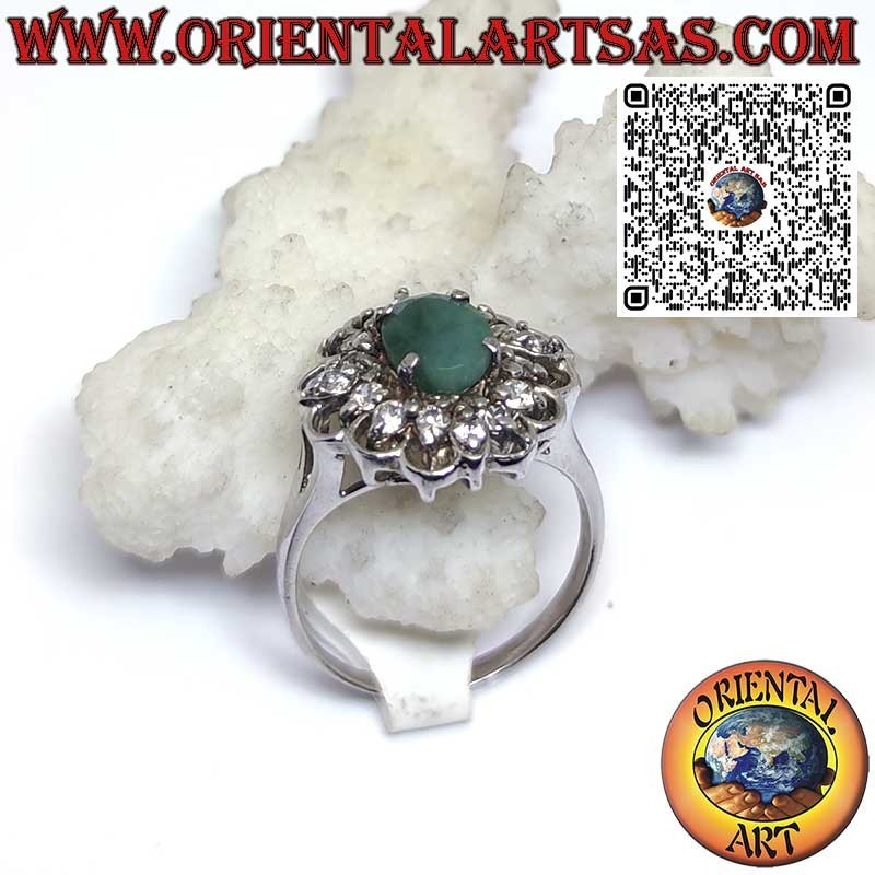 Sterling Silver 925 Natural Oval Emerald Zirconia Halo Ring