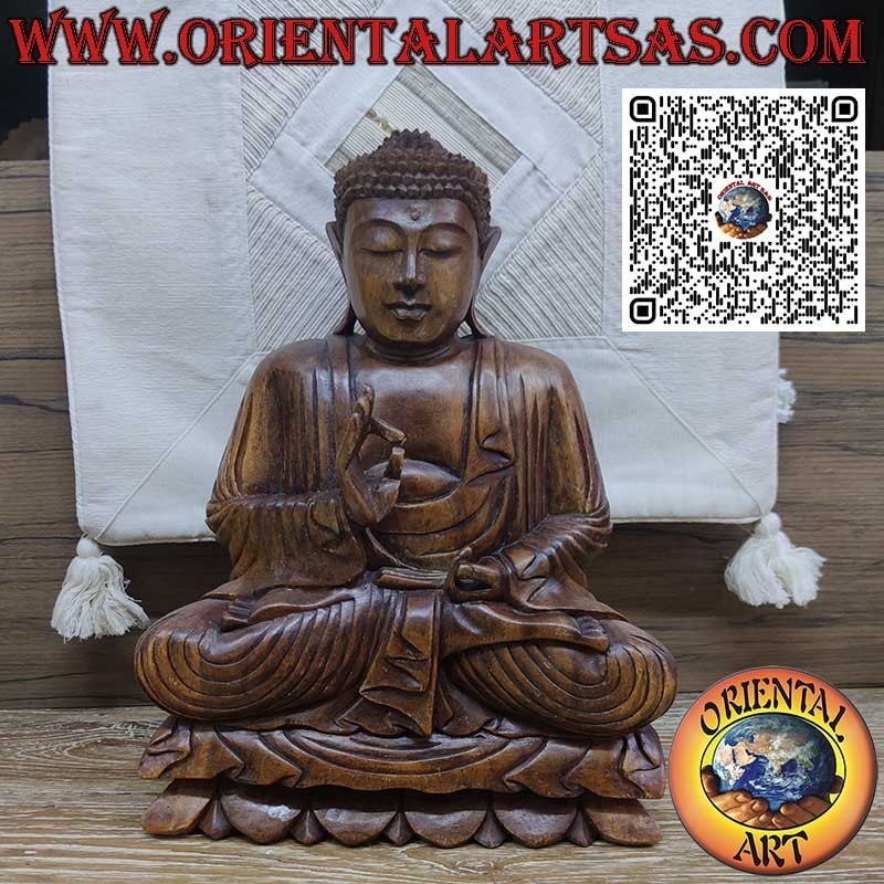 Escultura enseñando Buda Dharmachakra Mudra en madera de suar 40 cm.