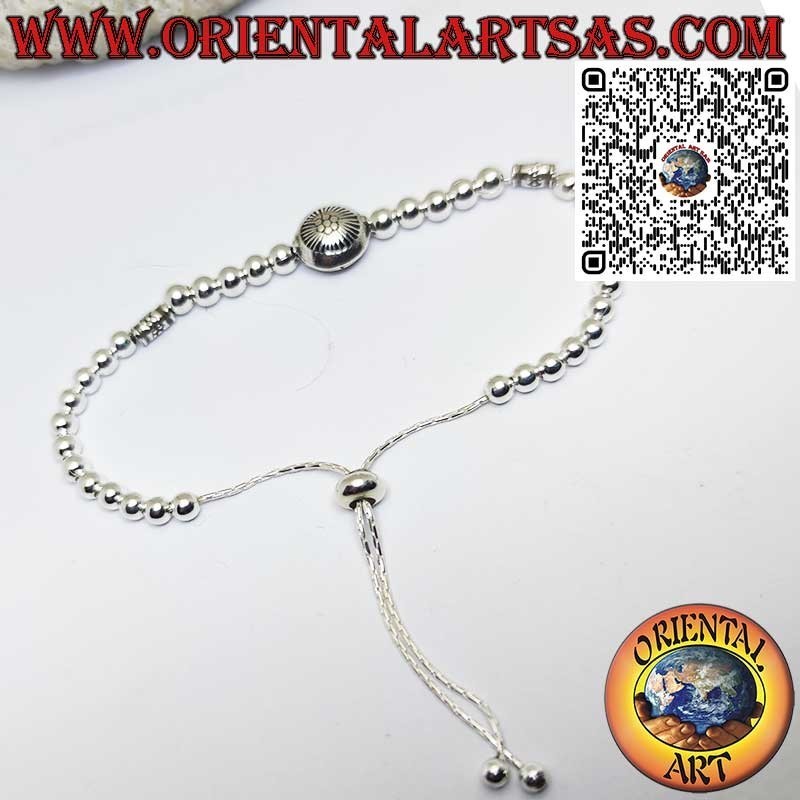 Bracelet en argent avec sphères et soleil central avec fermeture à boule coulissante