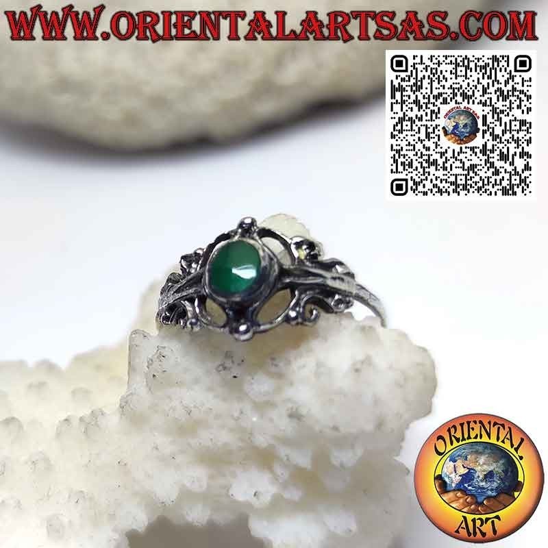 Silver ring with round green agate and baroque decorations, small