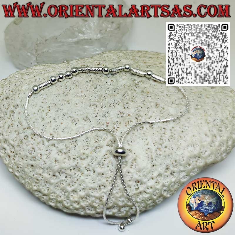 Pulsera de plata con esferas y tubos con cierre de bola deslizante