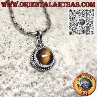 Round silver pendant with a tiger's eye surrounded by braid