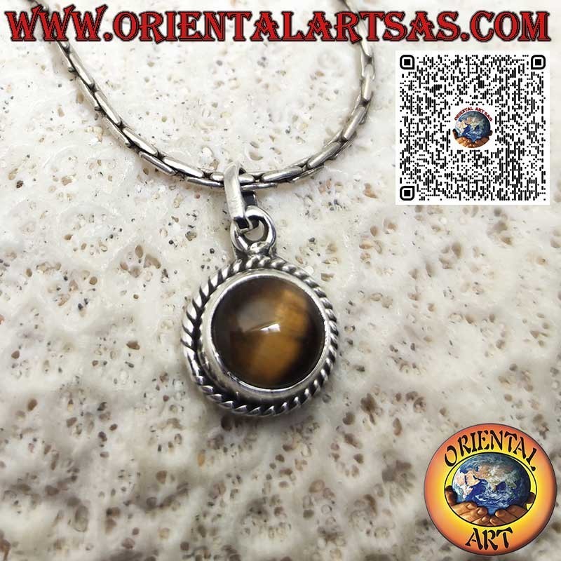 Round silver pendant with a tiger's eye surrounded by braid