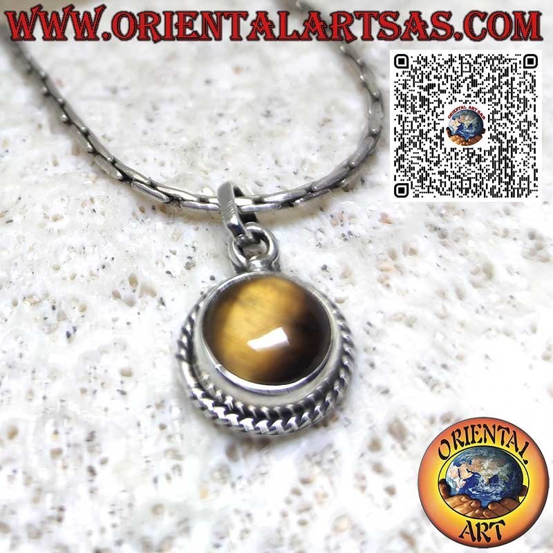 Round silver pendant with a tiger's eye surrounded by braid