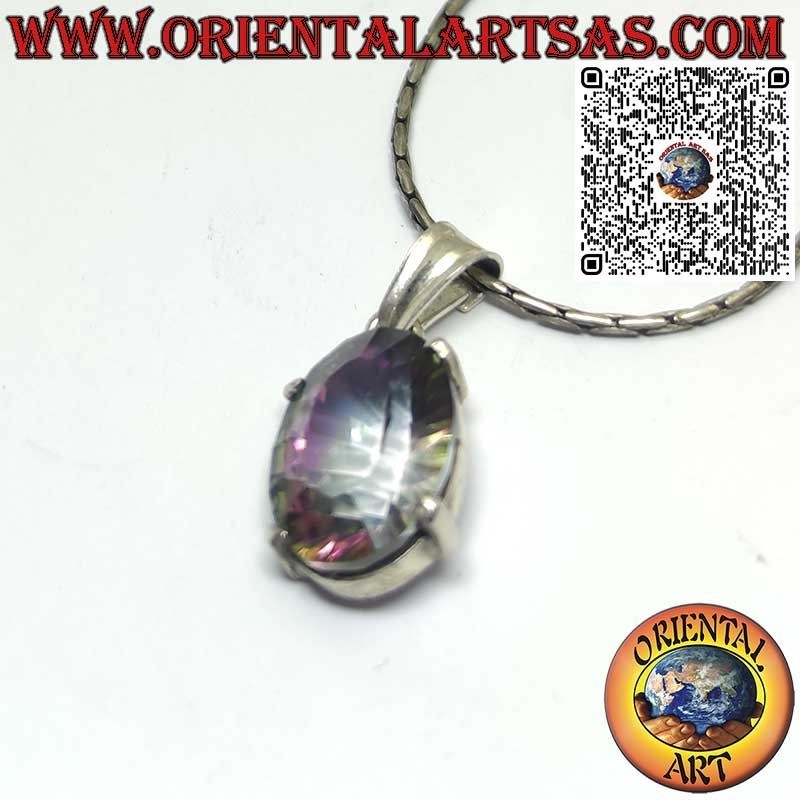 Ciondolo in argento con quarzo rosa ovale su montatura liscia doppia