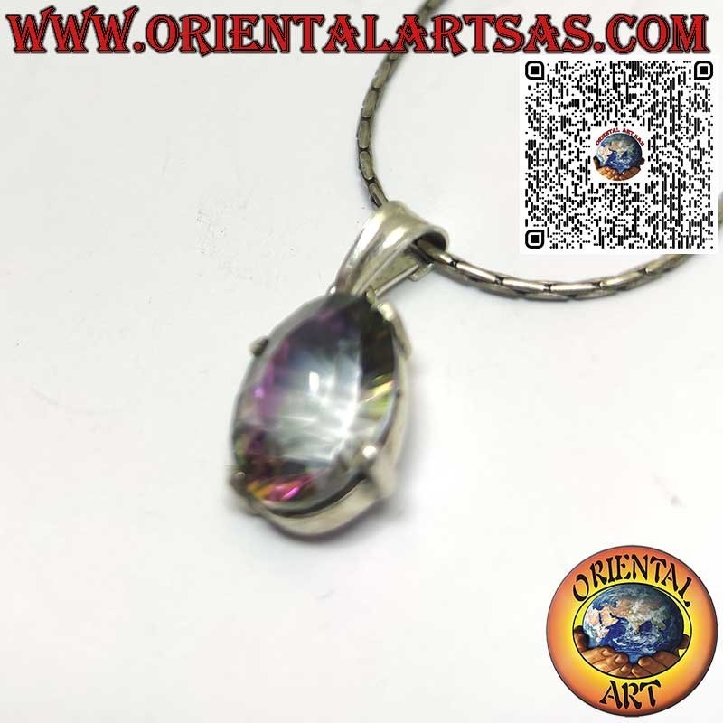 Ciondolo in argento con quarzo rosa ovale su montatura liscia doppia