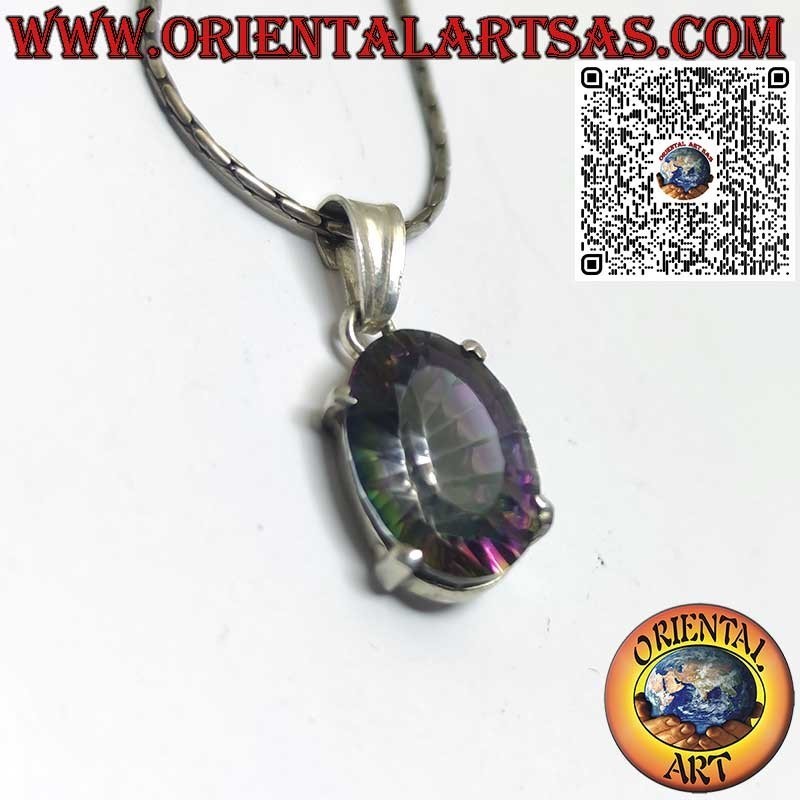 Colgante de plata con cuarzo rosa ovalado en doble engaste liso