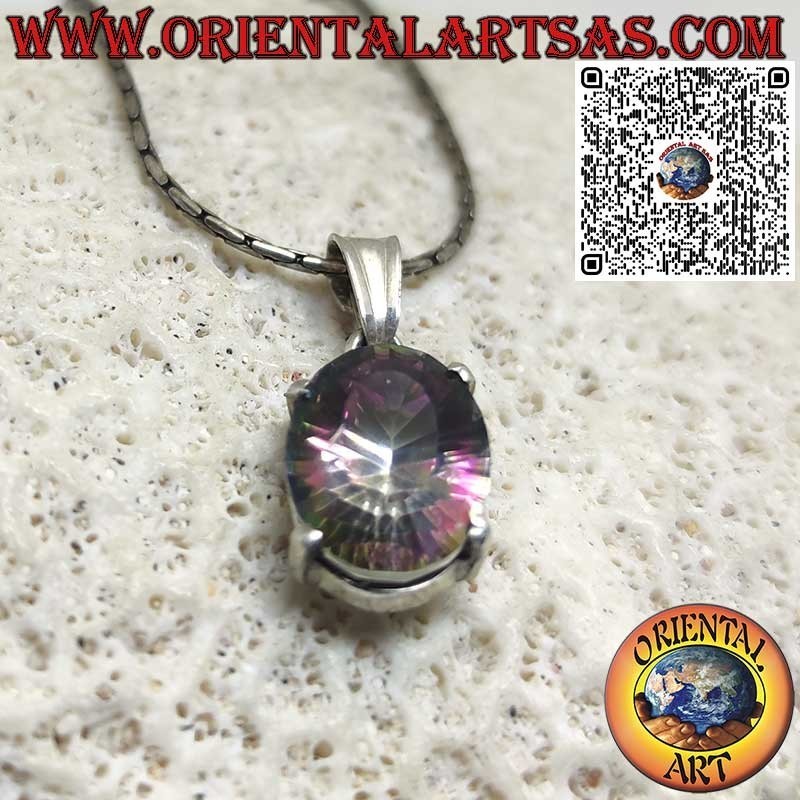 Ciondolo in argento con quarzo rosa ovale su montatura liscia doppia