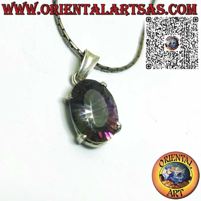 Ciondolo in argento con quarzo rosa ovale su montatura liscia doppia