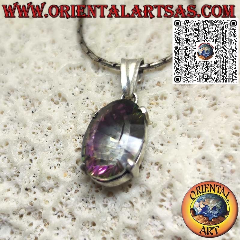 Pendentif en argent avec quartz aura ovale serti de quatre griffes