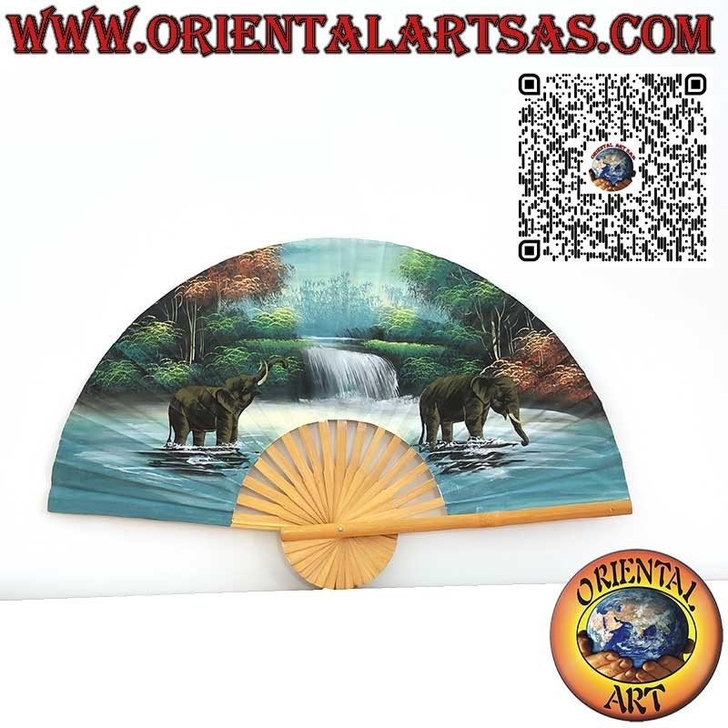 Wall fan with a pair of elephants in a pond with a waterfall
