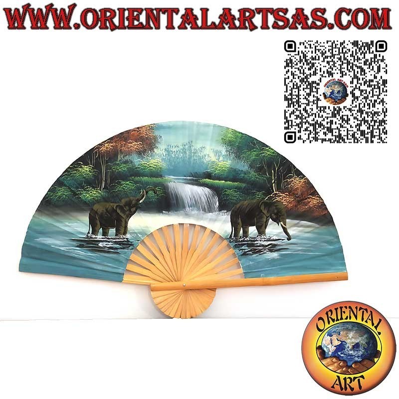 Wall fan with a pair of elephants in a pond with a waterfall