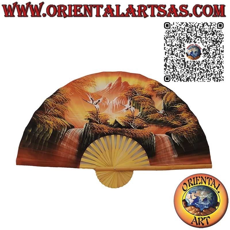 Éventail mural peint à la main – Montagne, cascades et oiseaux du paradis