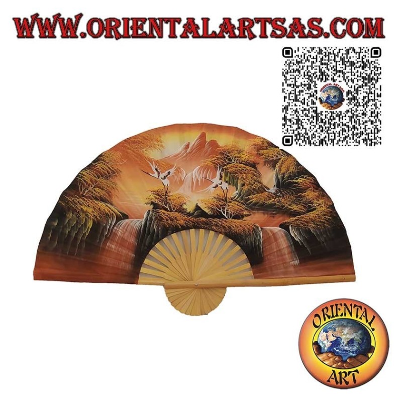 Hand-painted Wall Fan – Mountains, Waterfalls and Birds of Paradise