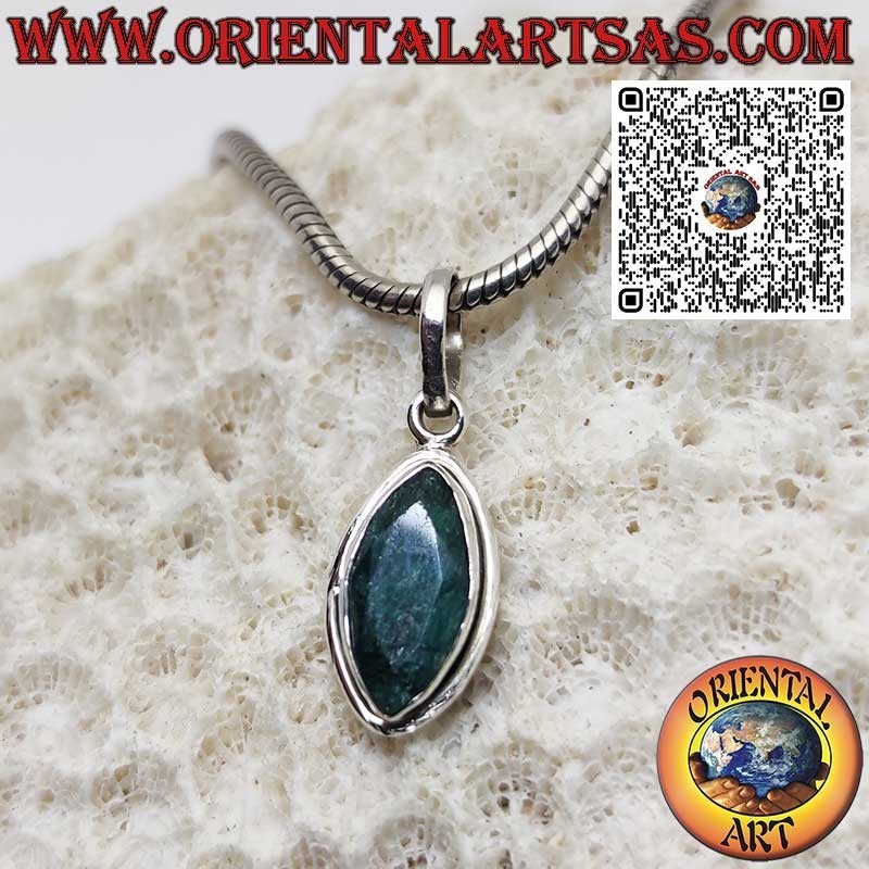 Silver pendant with natural marquise-cut emerald and smooth edge