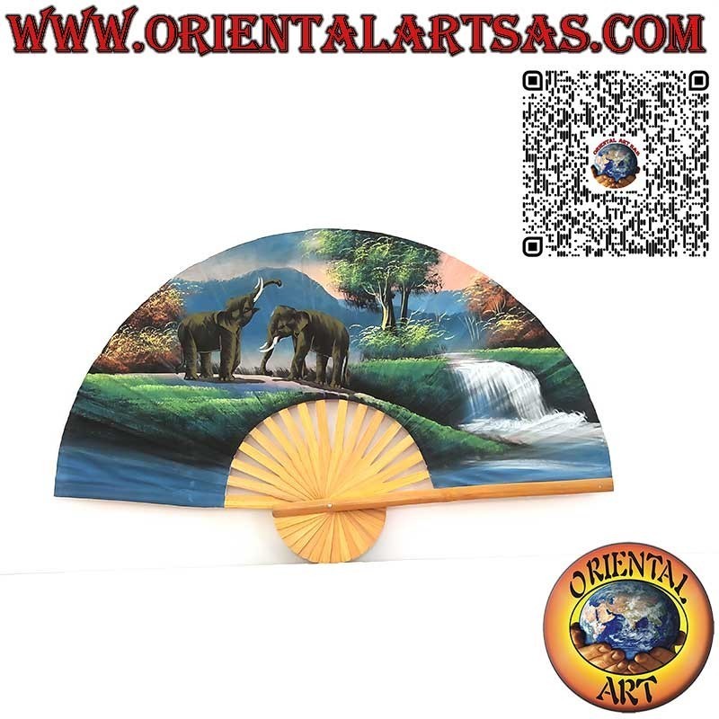 Hand-painted wall fan – pair of elephants near the pond