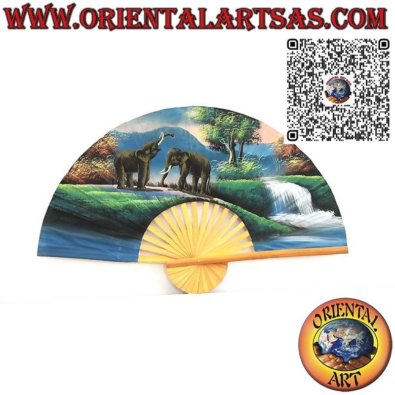 Hand-painted wall fan – pair of elephants near the pond