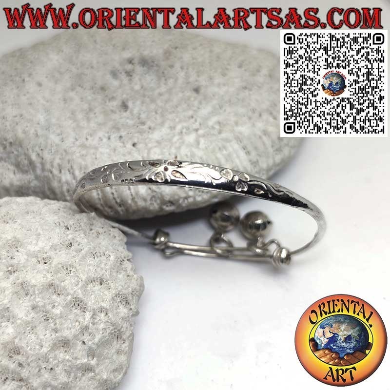 Rigid silver bracelet with engravings, handmade and with little bells