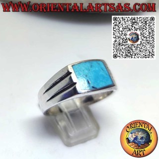 Silver ring with rectangular flush turquoise and two horizontal lines engraved on the sides