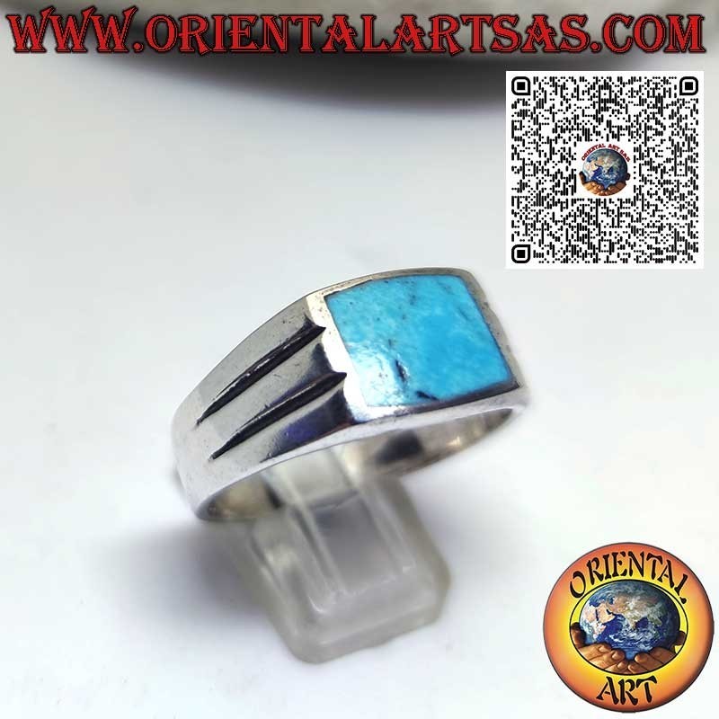 Silver ring with rectangular flush turquoise and two horizontal lines engraved on the sides