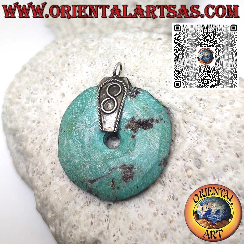 Pendentif donut en turquoise naturelle, diamètre 32 mm, avec crochet en argent