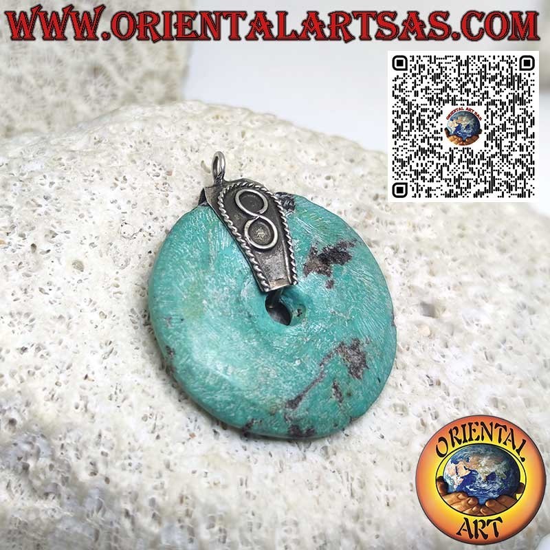 Pendentif donut en turquoise naturelle, diamètre 32 mm, avec crochet en argent