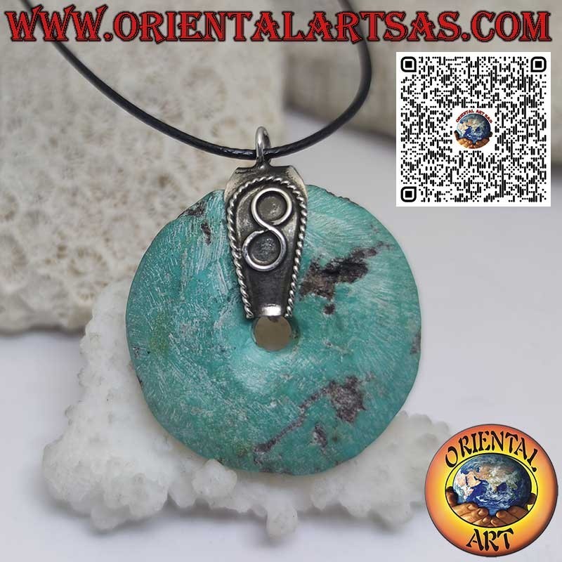 Pendentif donut en turquoise naturelle, diamètre 32 mm, avec crochet en argent