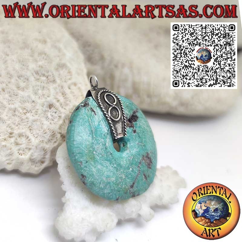 Pendentif donut en turquoise naturelle, diamètre 32 mm, avec crochet en argent