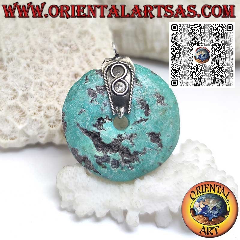 Pendentif donut en turquoise naturelle, diamètre 32 mm, avec crochet en argent