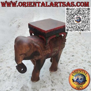 Escultura de elefante indio con dosel sobre un solo bloque de madera de suar pintado a mano 40cm
