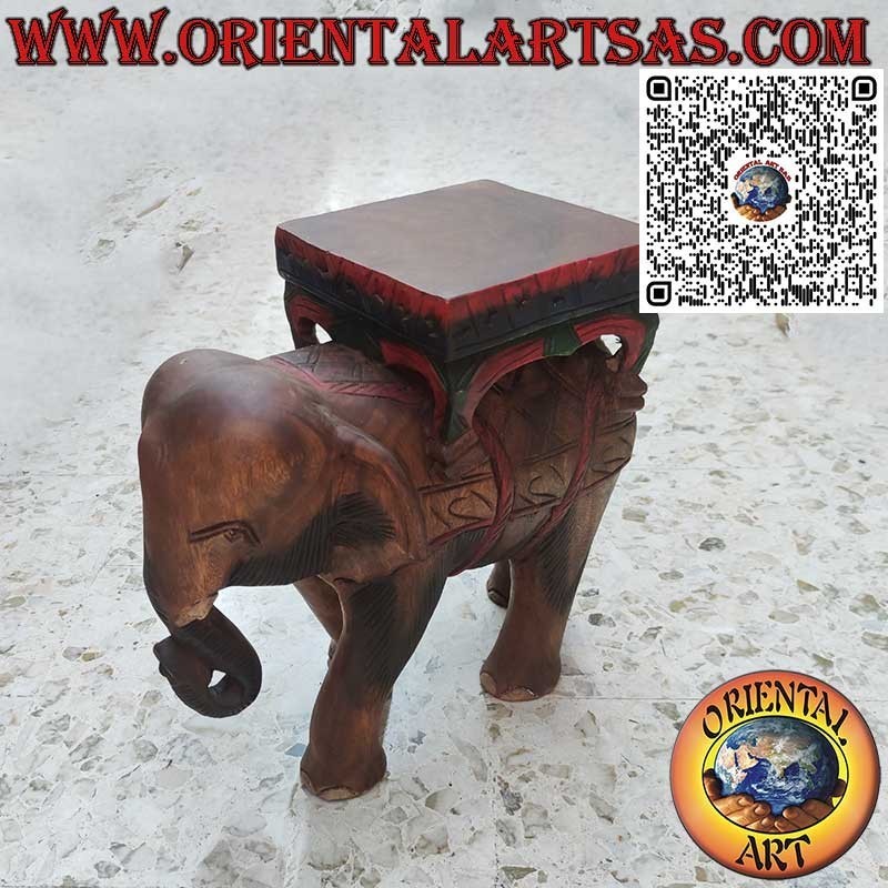 Escultura de elefante indio con dosel sobre un solo bloque de madera de suar pintado a mano 40cm