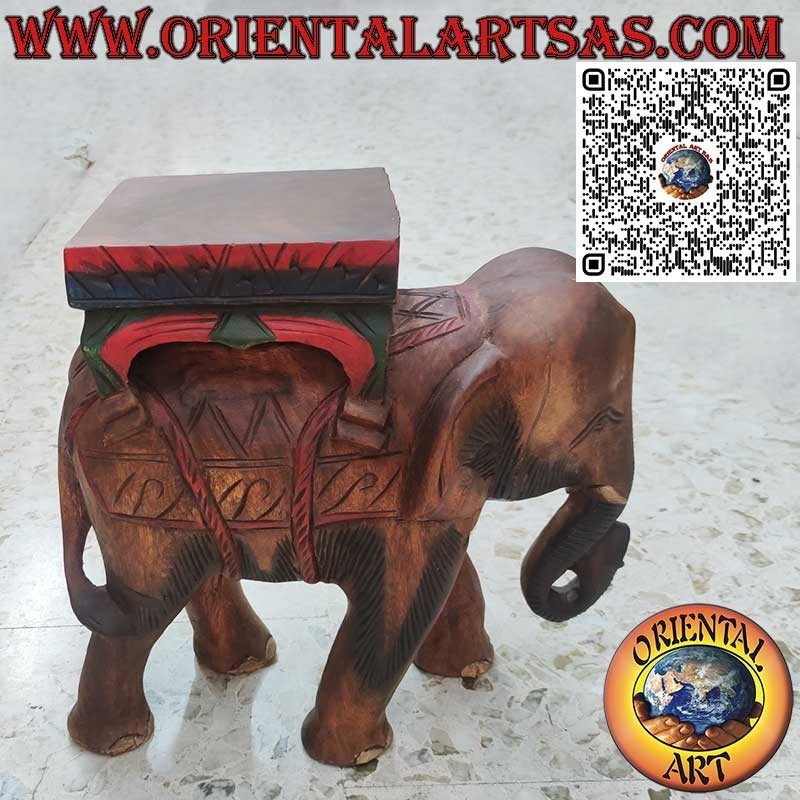 Scultura elefante indiano con baldacchino in unico blocco di legno di suar  40 cm