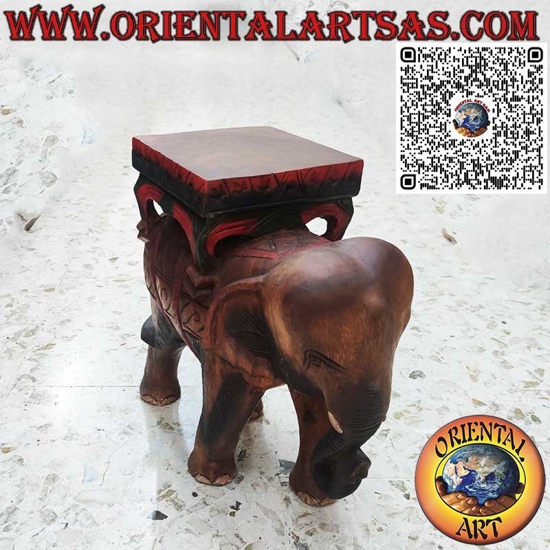 Escultura de elefante indio con dosel sobre un solo bloque de madera de suar pintado a mano 40cm