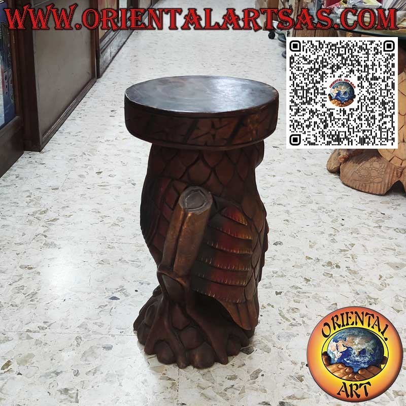 Owl sculpture with a support surface in a single block of 50 cm suar wood