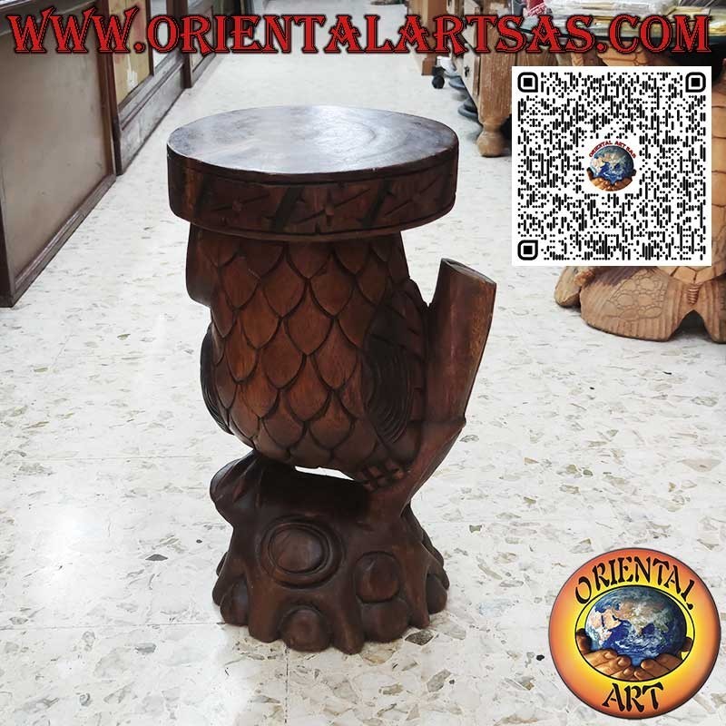 Scultura Gufo con piano d'appoggio in unico blocco di legno di suar da 50 cm