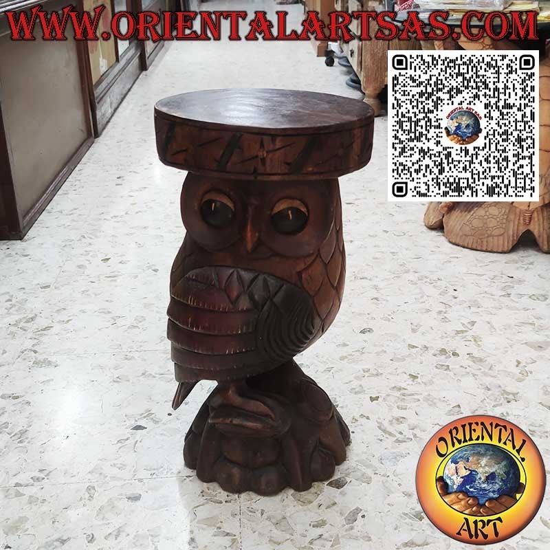 Scultura Gufo con piano d'appoggio in unico blocco di legno di suar da 50 cm