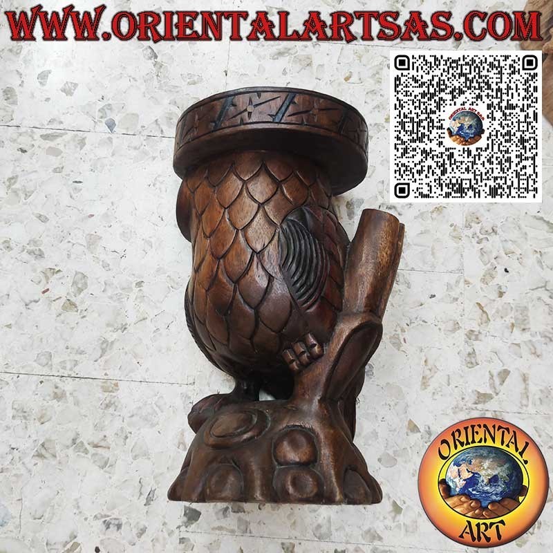 Owl sculpture with a support surface in a single block of 50 cm suar wood