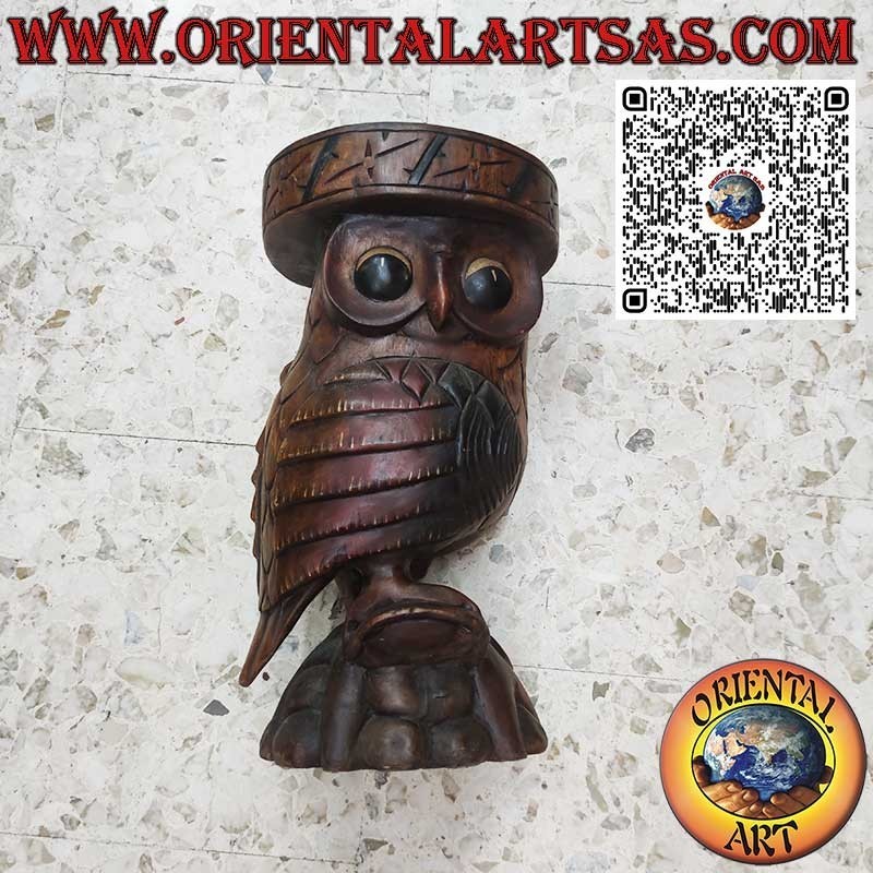 Owl sculpture with a support surface in a single block of 50 cm suar wood