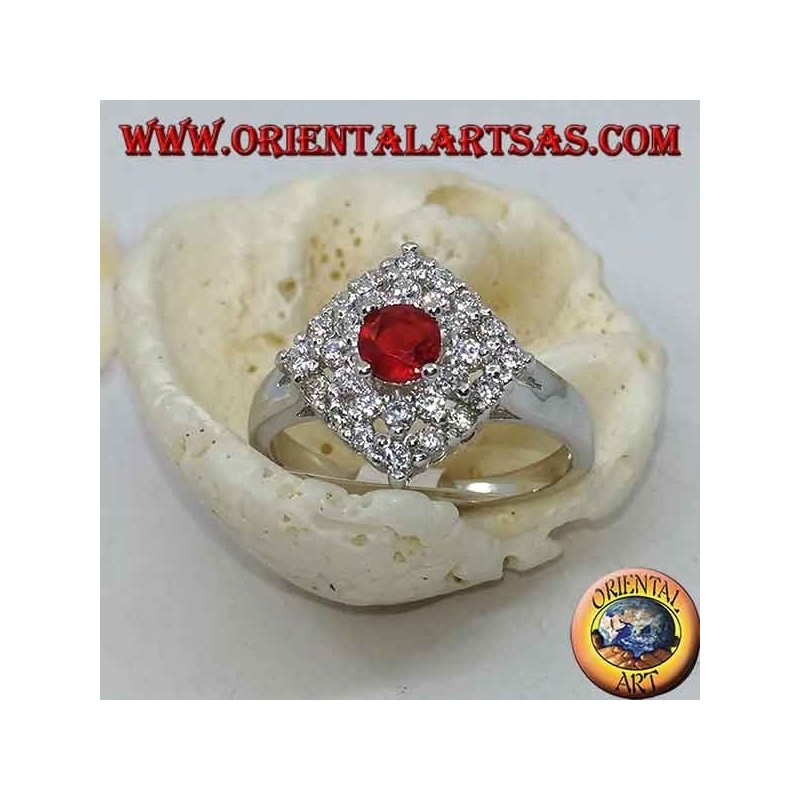 Silver ring with synthetic round ruby set surrounded by rhombus zirocones