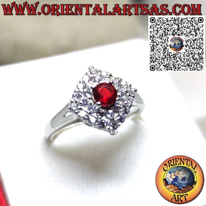 Silver ring with synthetic round ruby set surrounded by rhombus zirocones