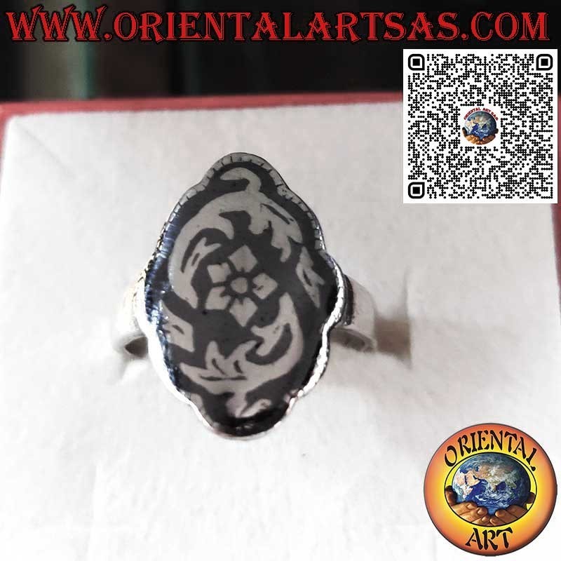 Silver ring with floral decorations in Niello handmade
