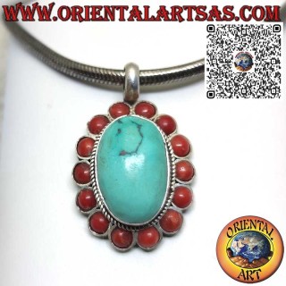 Colgante de plata con turquesa tibetana natural y 14 corales rojos