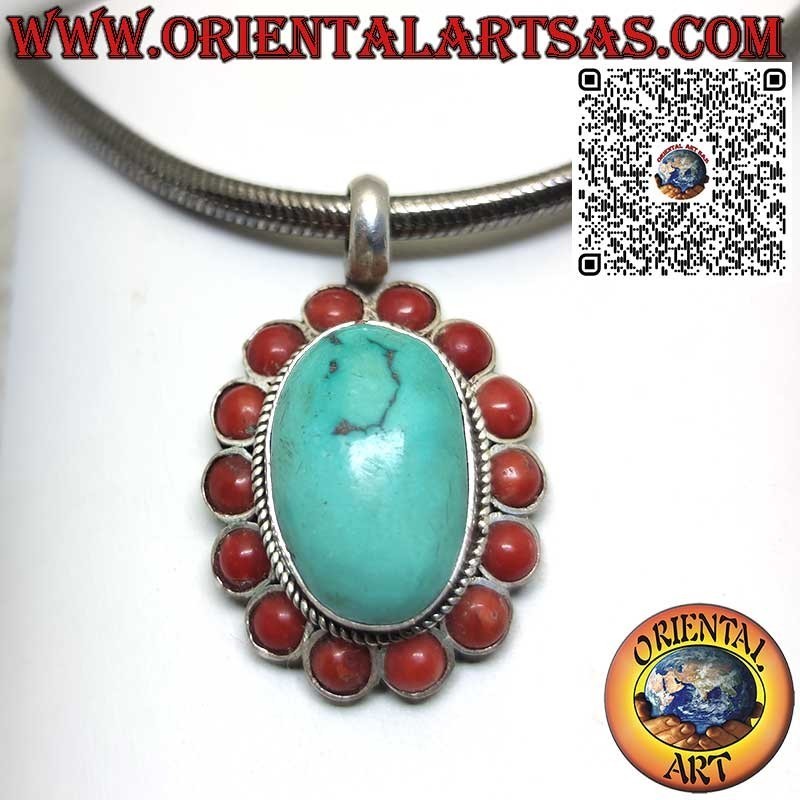 Colgante de plata con turquesa tibetana natural y 14 corales rojos