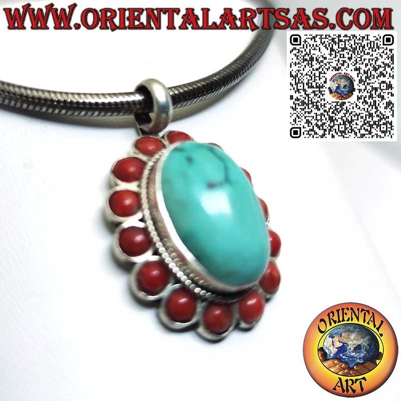 Colgante de plata con turquesa tibetana natural y 14 corales rojos