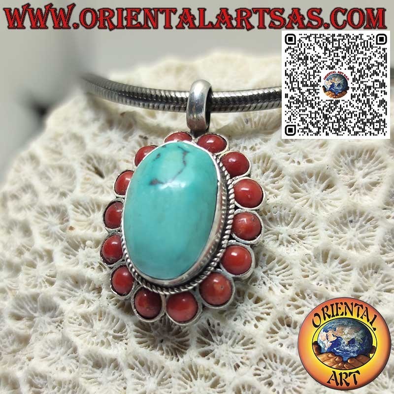 Ciondolo in argento con turchese tibetano naturale e 14 coralli rossi