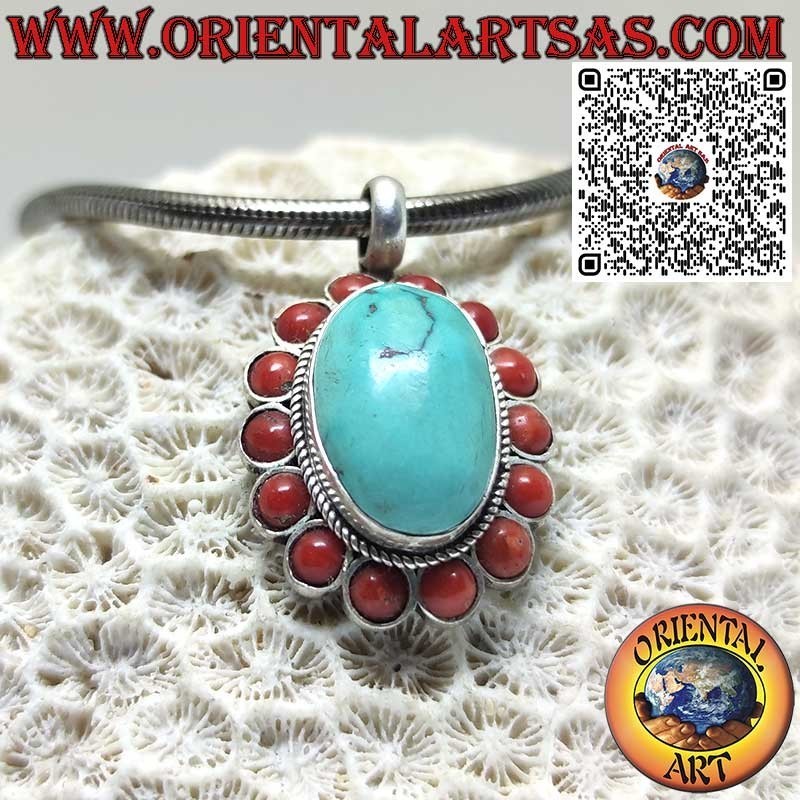 Colgante de plata con turquesa tibetana natural y 14 corales rojos