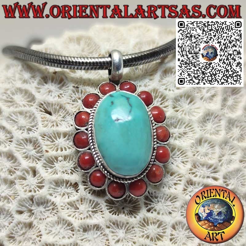 Pendentif en argent avec turquoise tibétaine naturelle et 14 coraux rouges