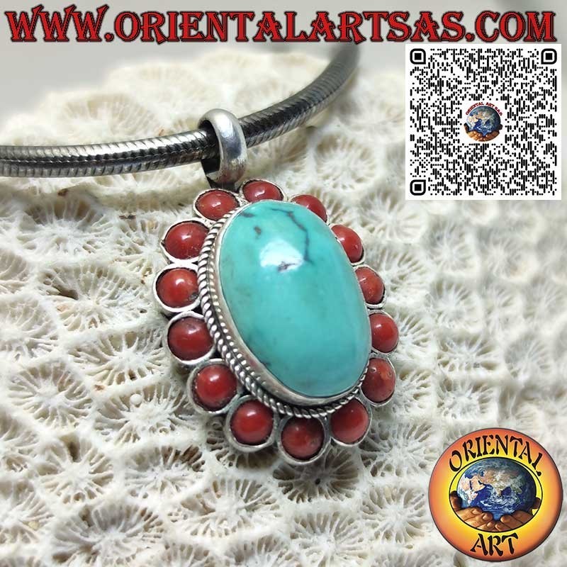 Colgante de plata con turquesa tibetana natural y 14 corales rojos